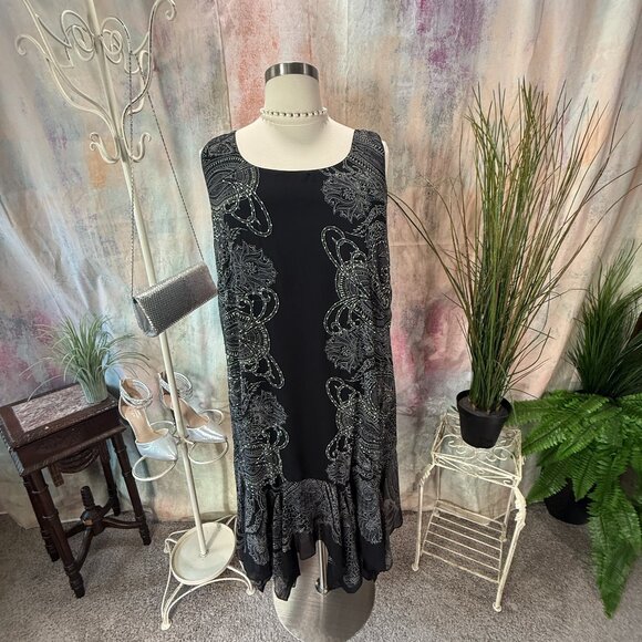 VTG 📌 Eva Blue Sleeveless 1920's Themed Beaded Asymmetrical Cocktail Dress - Picture 1 of 15